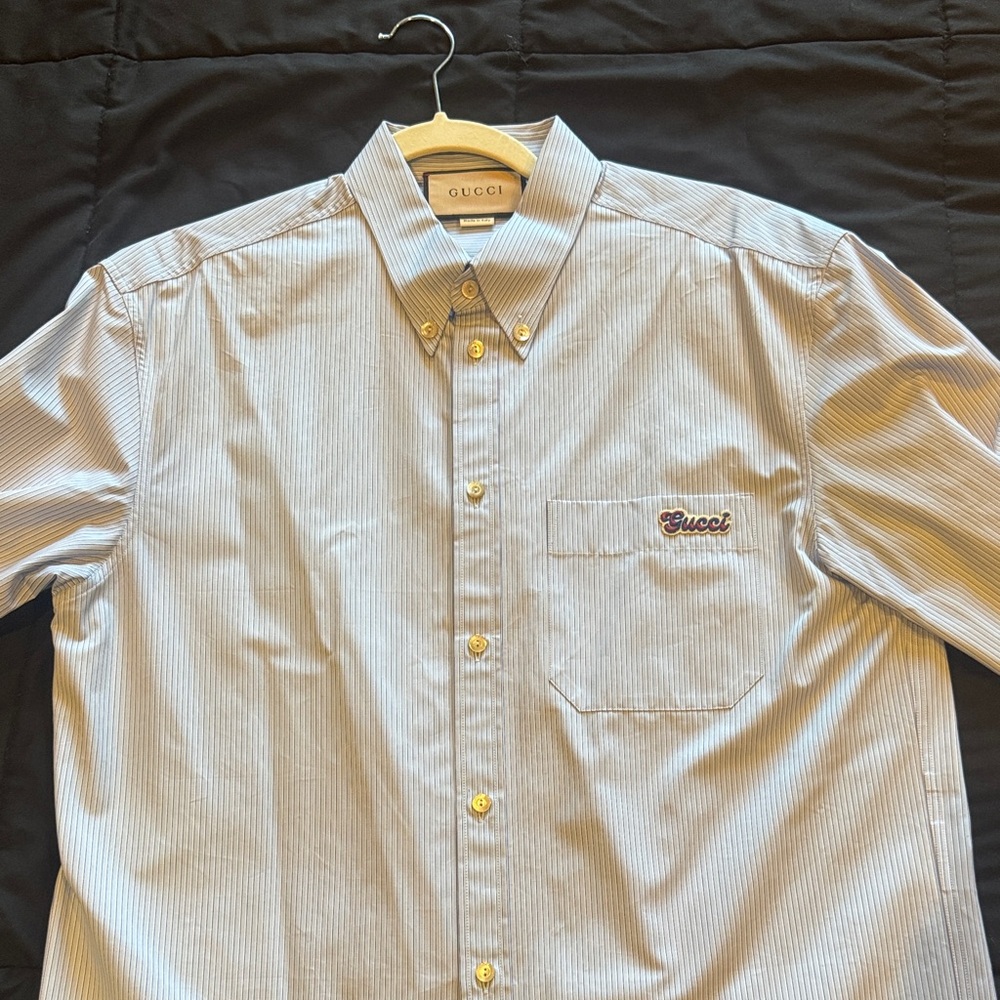 Gucci Men’s Light Blue Pinstripe Cotton Shirt — Retro Script Logo